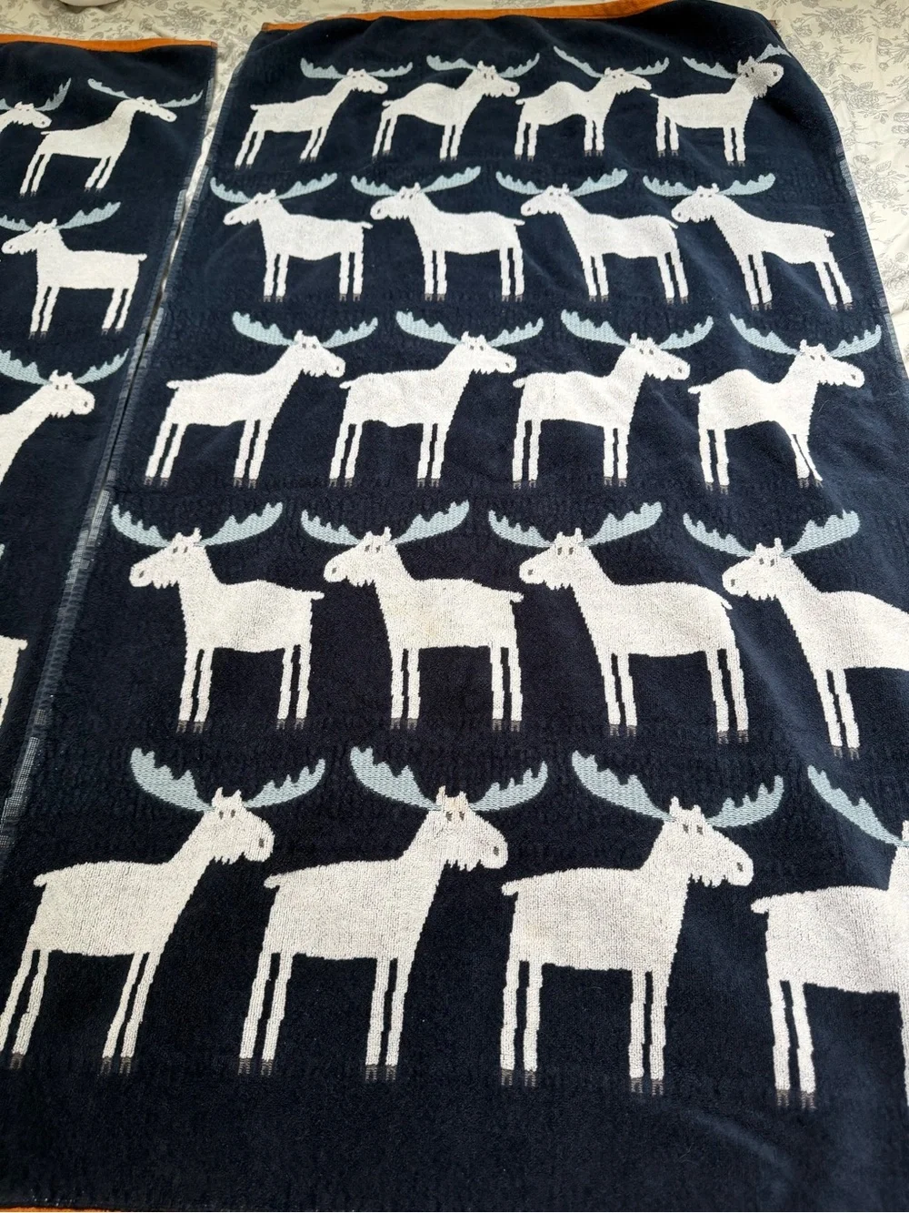 Moose Pattern Bath Towels - Navy, White & Light Blue